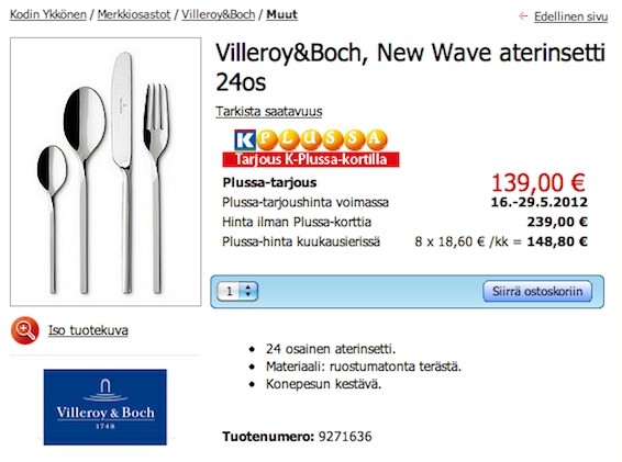 Villeroy & Boch New Wave aterimet tarjouksesta - Sisustusblogi Omakotivalkoinen