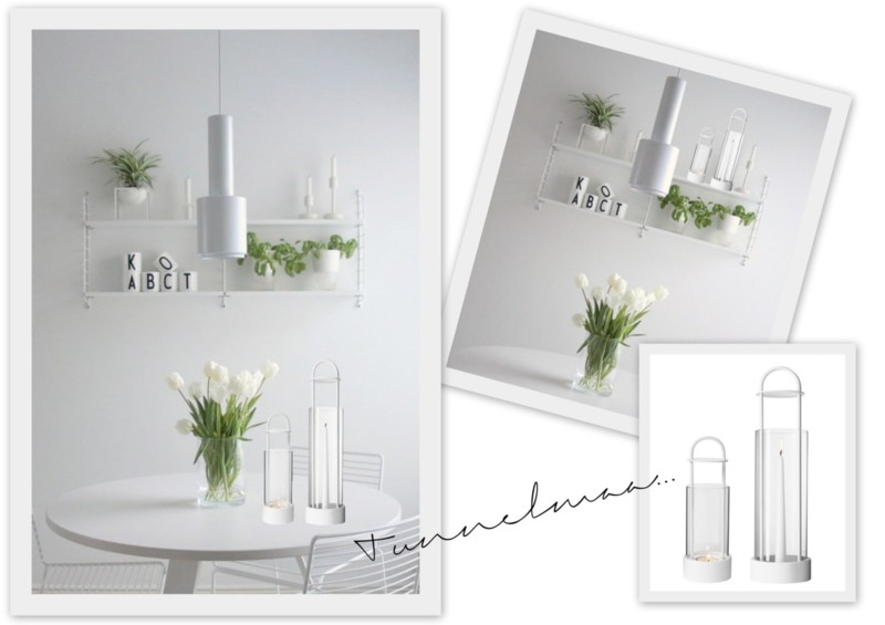 Valkoiset Design House Stockholm Lotus kynttilälyhdyt String Pocket hyllyssä - Sisustusblogi Omakotivalkoinen