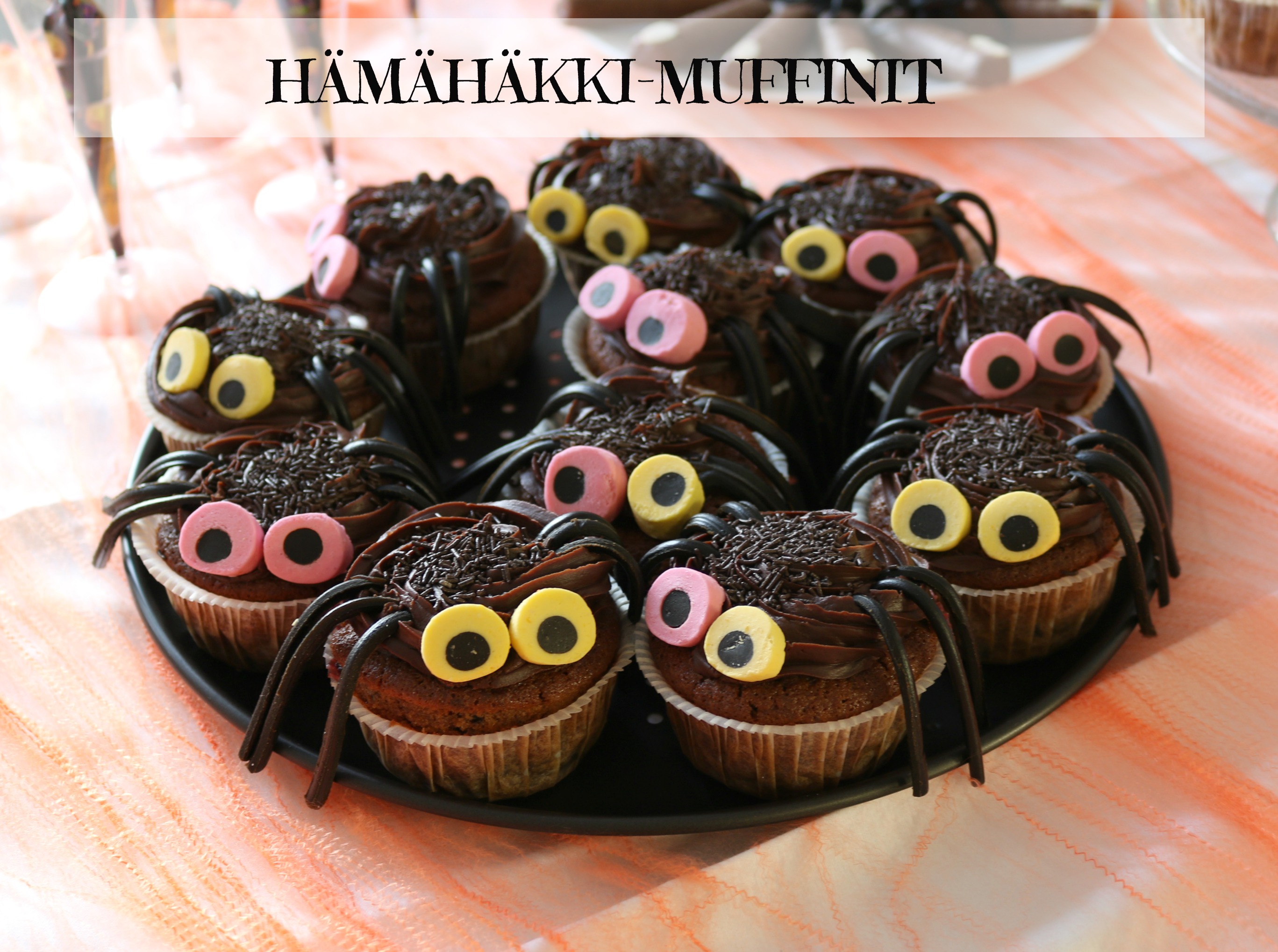Halloween herkkuja lastenjuhliin - Hämähäkki-muffinit resepti Omakotivalkoinen