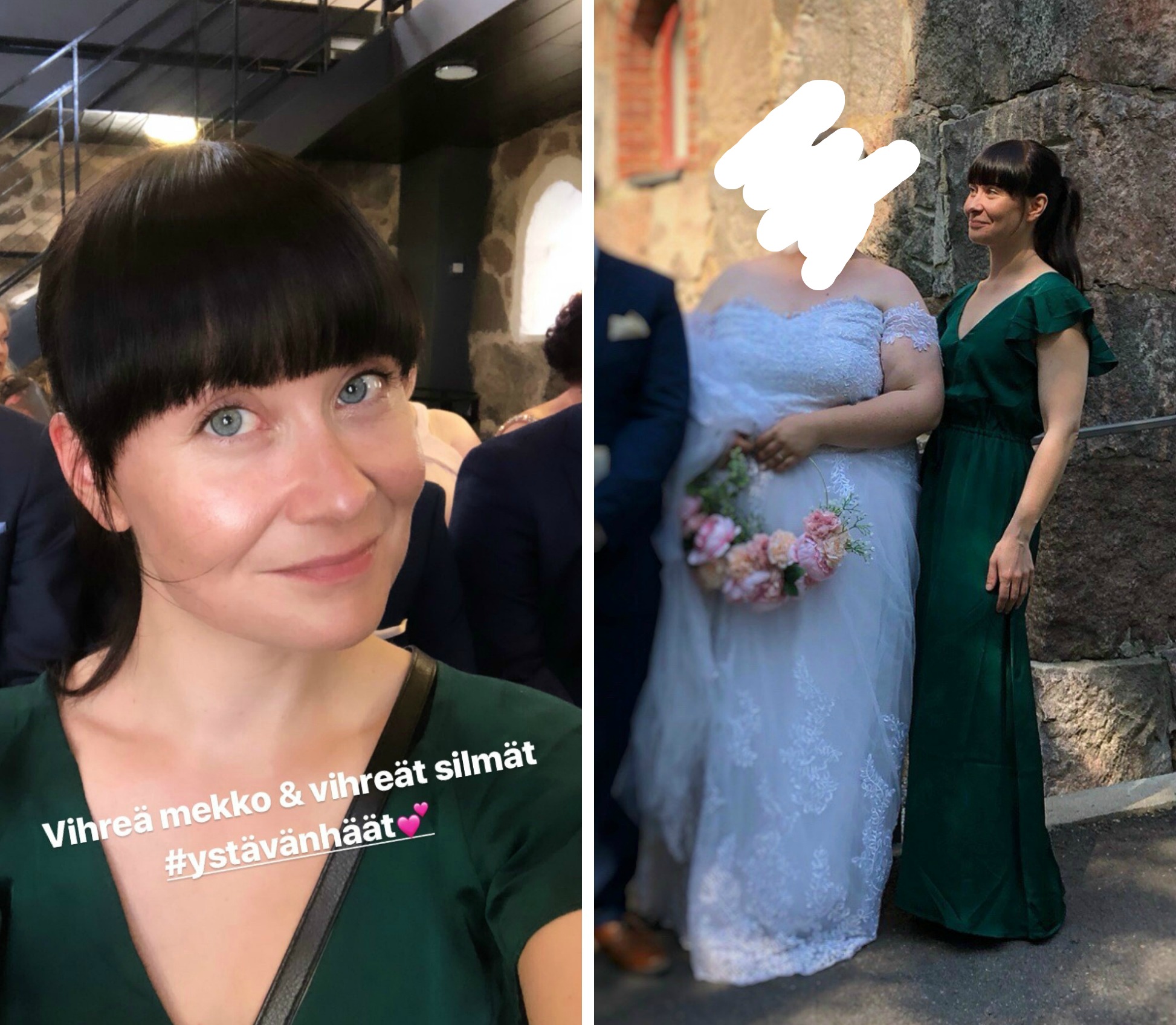 Vihrea juhlamekko asupostaus haajuhlat omakotivalkoinen