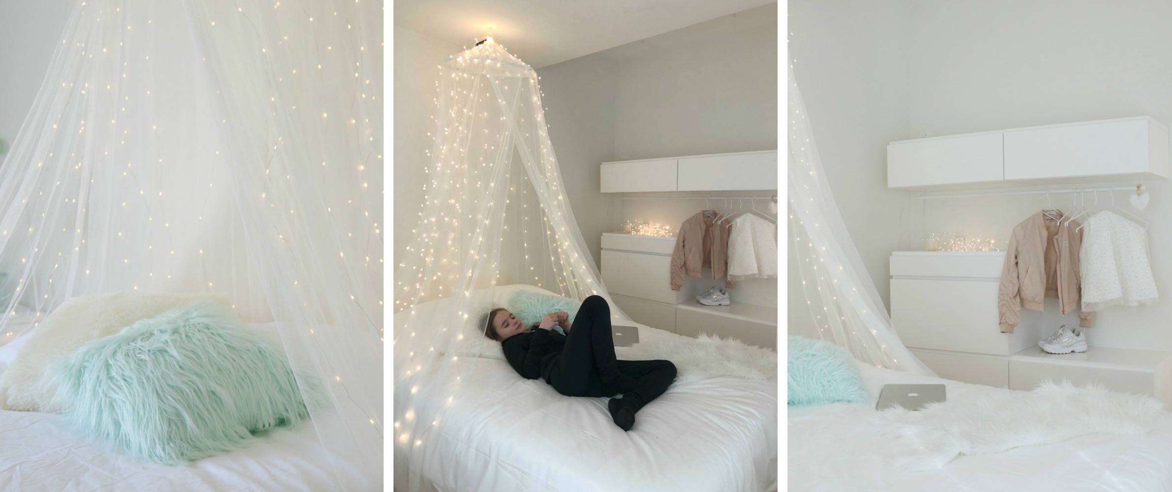 Makuuhuoneen sisustus moderni mintunvihreä valkoinen sänkykatos sänkyverho Omakotivalkoinen