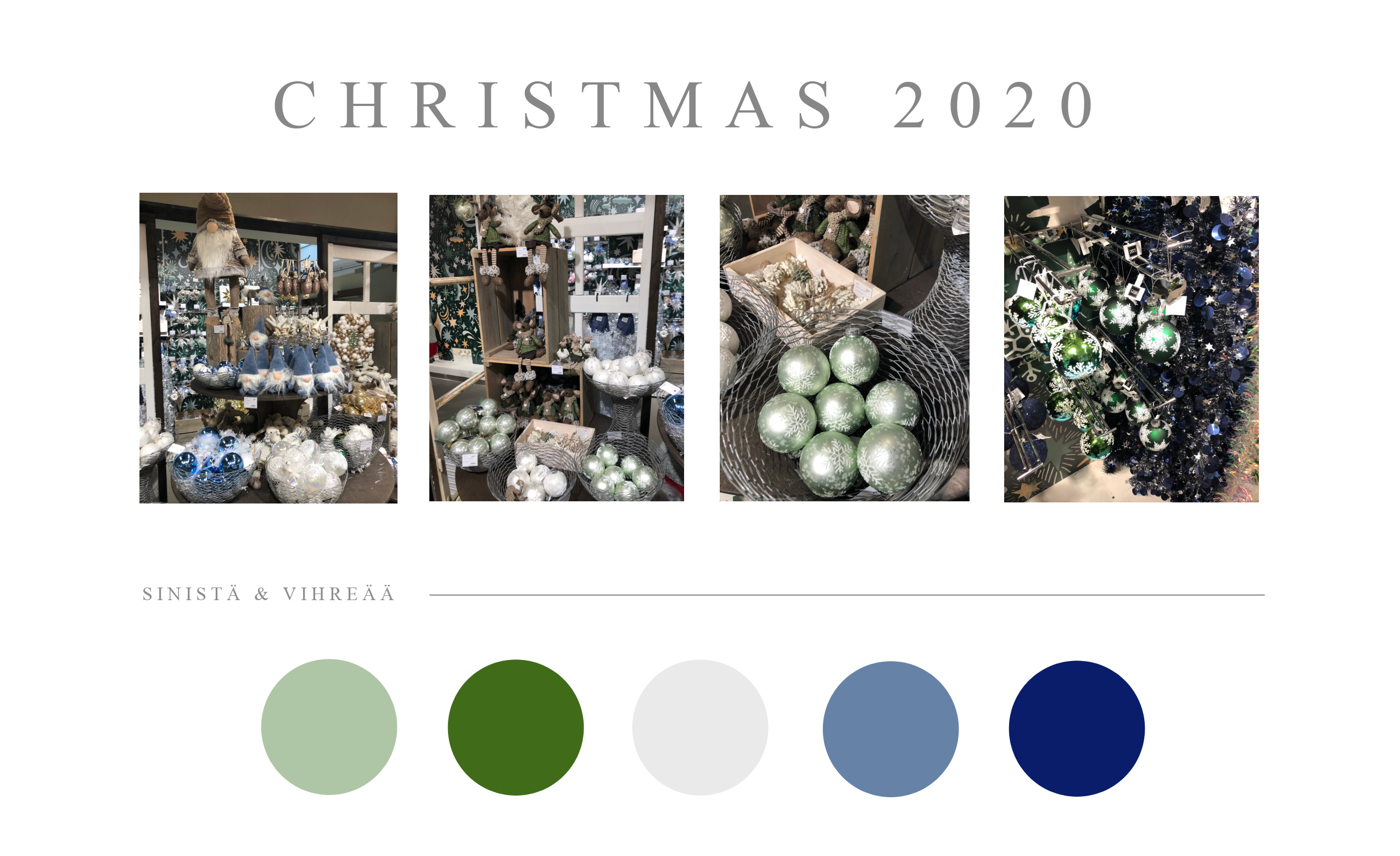 Stockmann joulu 2020 kauniit joulukoristeet valikoima sinistä vihreää valkoista hopeaa ja ruusukultaa