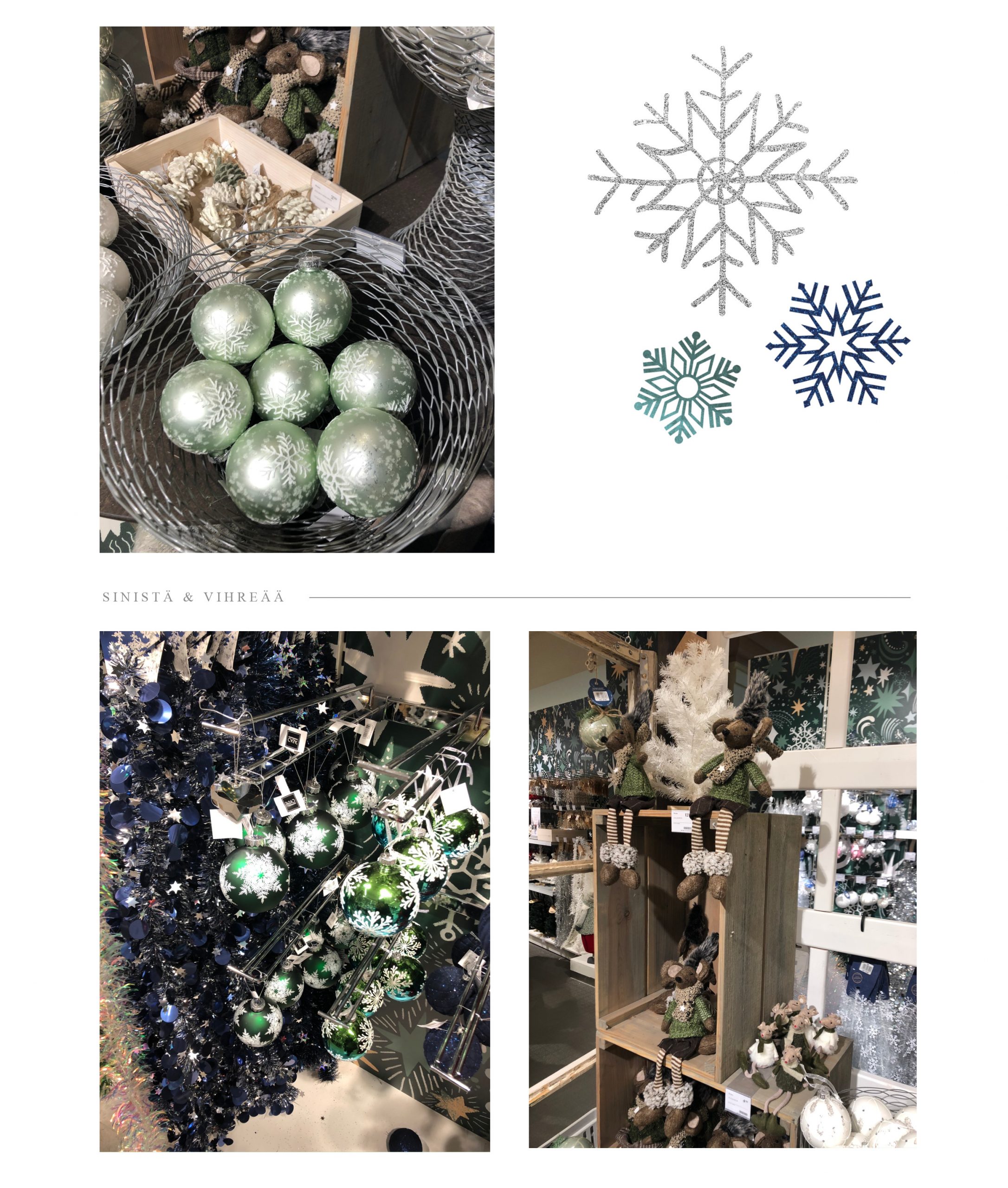 Stockmann joulu 2020 kauniit joulukoristeet valikoima sinistä vihreää valkoista hopeaa ja ruusukultaa