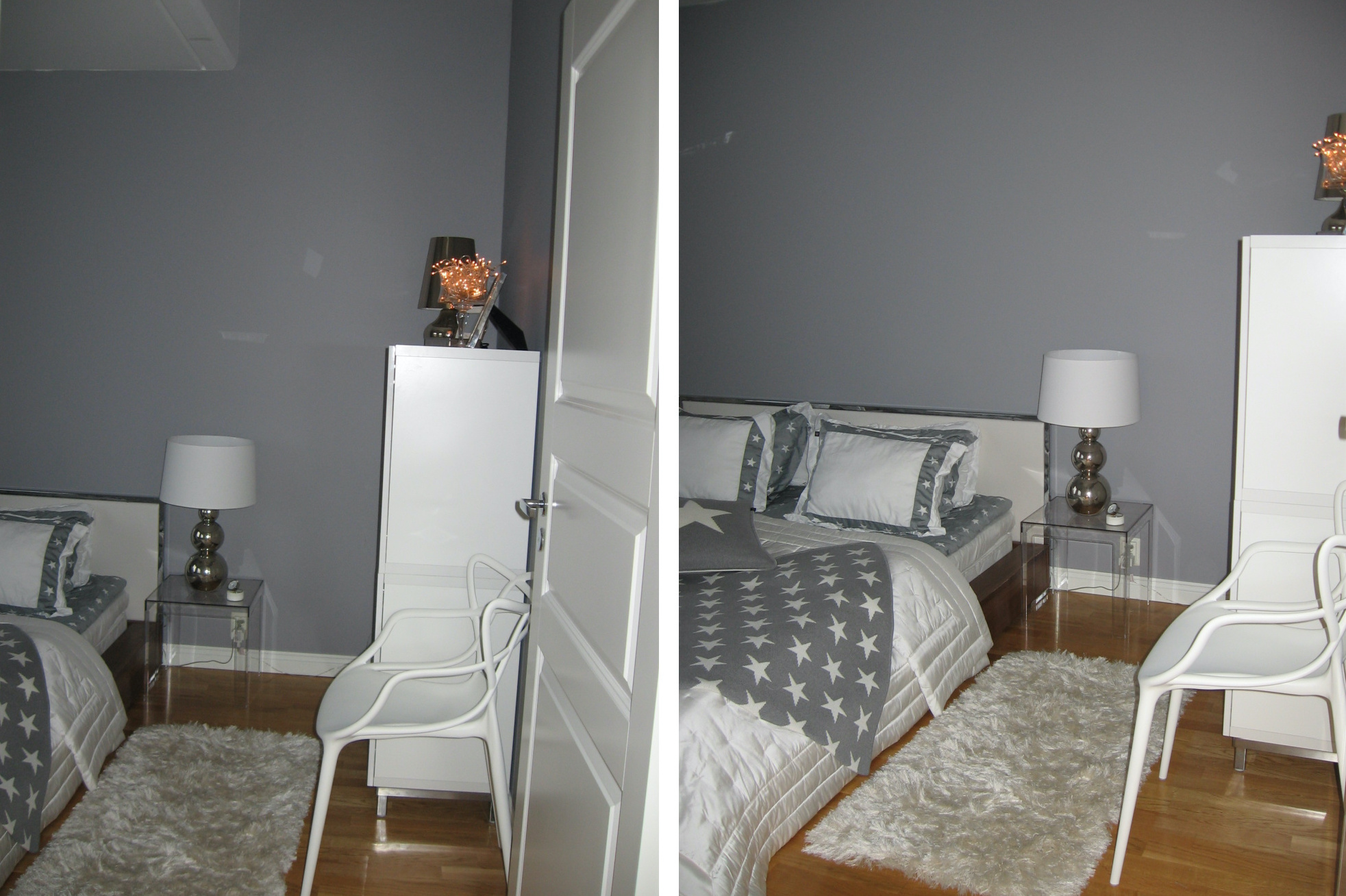 Makuuhuoneen sisustus harmaata ja valkoista - Omakotivalkoinen