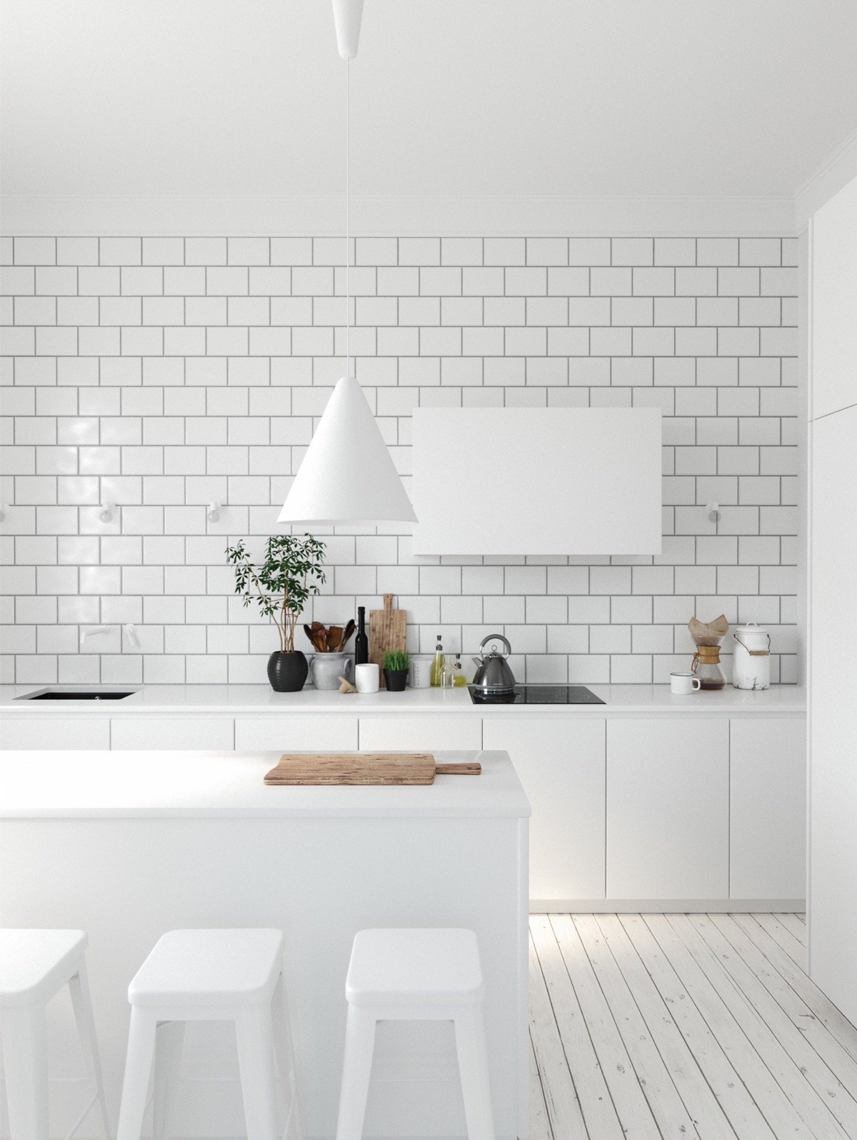 Valkoinen minimalistinen keittiö idea Omakotivalkoinen